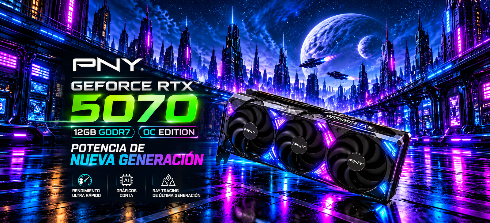 PNY GeForce RTX 5070 en ciudad neón